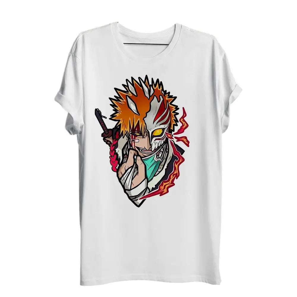 T-shirt ichigo kurosaki bleach blanc à manches courtes avec design vibrant d un personnage d anime au sabre