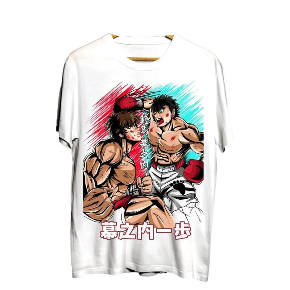 T-shirt anime ippo blanc en coton avec graphisme animé de hajime no ippo vs baki hanma en plein combat