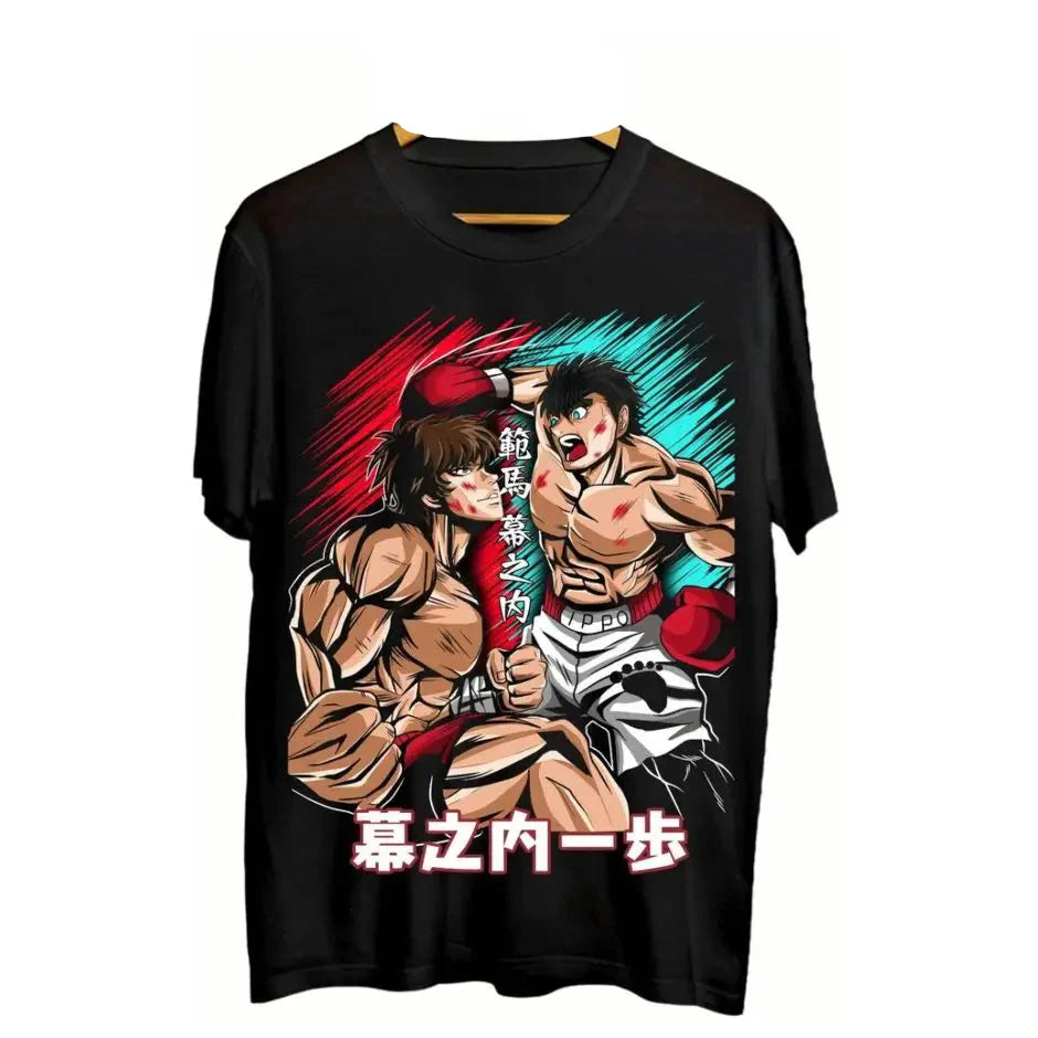T-shirt anime ippo noir avec graphisme vibrant de hajime no ippo et baki hanma en combat intense