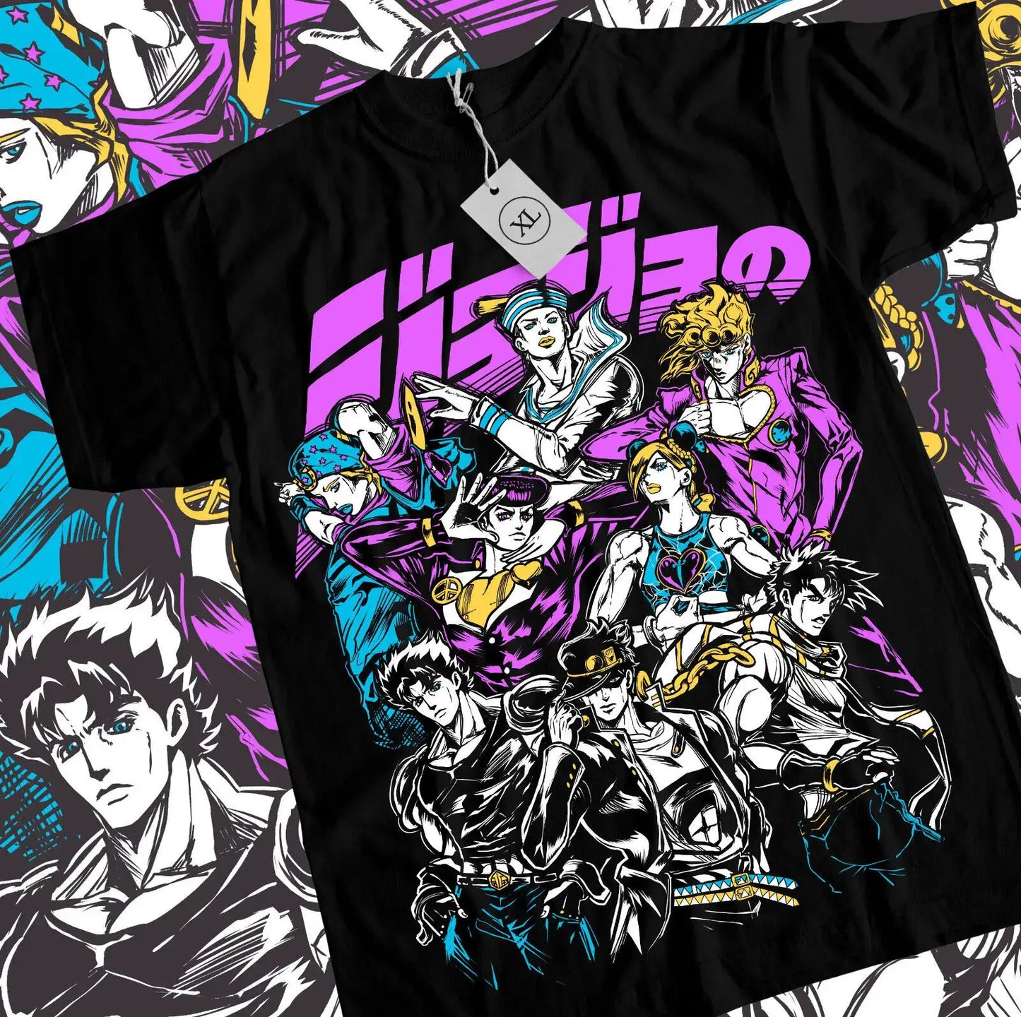 T-shirt anime jojo’s bizarre adventure noir avec graphique coloré vibrant hommage stylé personnages en poses dynamiques