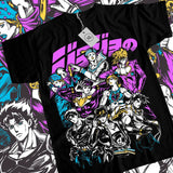 T-shirt anime jojo’s bizarre adventure noir avec graphique coloré vibrant hommage stylé personnages en poses dynamiques