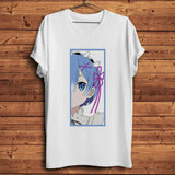 T-shirt anime life blanc en coton avec print rectangulaire fille aux cheveux bleu clair rem de re zero et bordure bleu clair