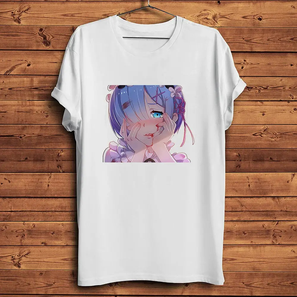 T-shirt anime life blanc en coton avec fille aux cheveux bleu clair et violets motifs floraux et accents roses imprimés