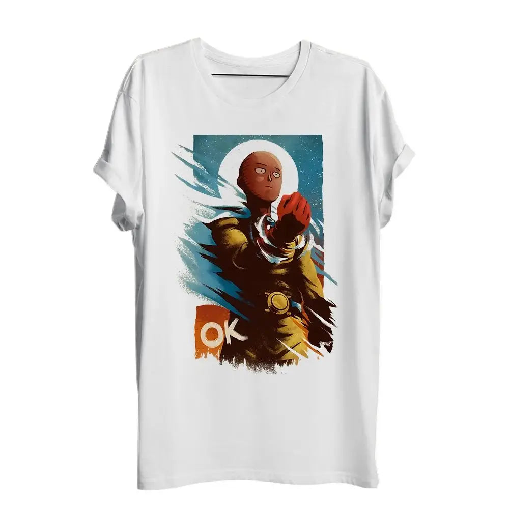 T-shirt anime one punch blanc à manches courtes avec un graphisme vibrant du personnage saitama en costume jaune