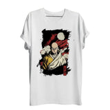 T-shirt anime one punch blanc à manches courtes avec impression graphique de saitama de one punch man sur fond noir et rouge fleuri