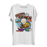 T-shirt anime one punch blanc en coton avec graphique coloré de saitama mangeant des céréales et texte sattama crunch
