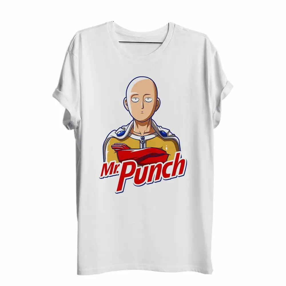 T-shirt blanc en coton avec un graphisme cartoon de saitama en pose emblématique et texte mr pour one punch man