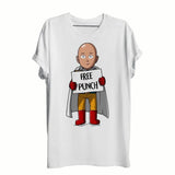 T-shirt one punch man blanc manches courtes avec personnage saitama en pose emblématique tenant un panneau free punch