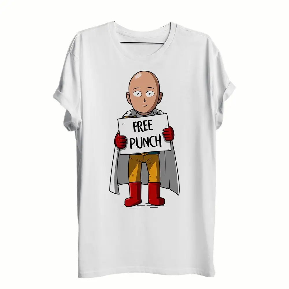 T-shirt one punch man blanc manches courtes avec personnage saitama en pose emblématique tenant un panneau free punch