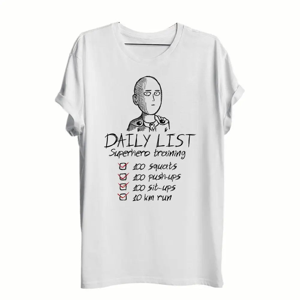 T-shirt anime punch man blanc en coton avec illustration encre noire de saitama pose emblématique et liste entraînement quotidien