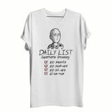 T-shirt anime punch man blanc en coton avec illustration encre noire de saitama pose emblématique et liste entraînement quotidien