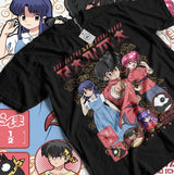 T-shirt anime ranma 1/2 en coton noir avec imprimé coloré de personnages en poses dynamiques rouge bleu et or