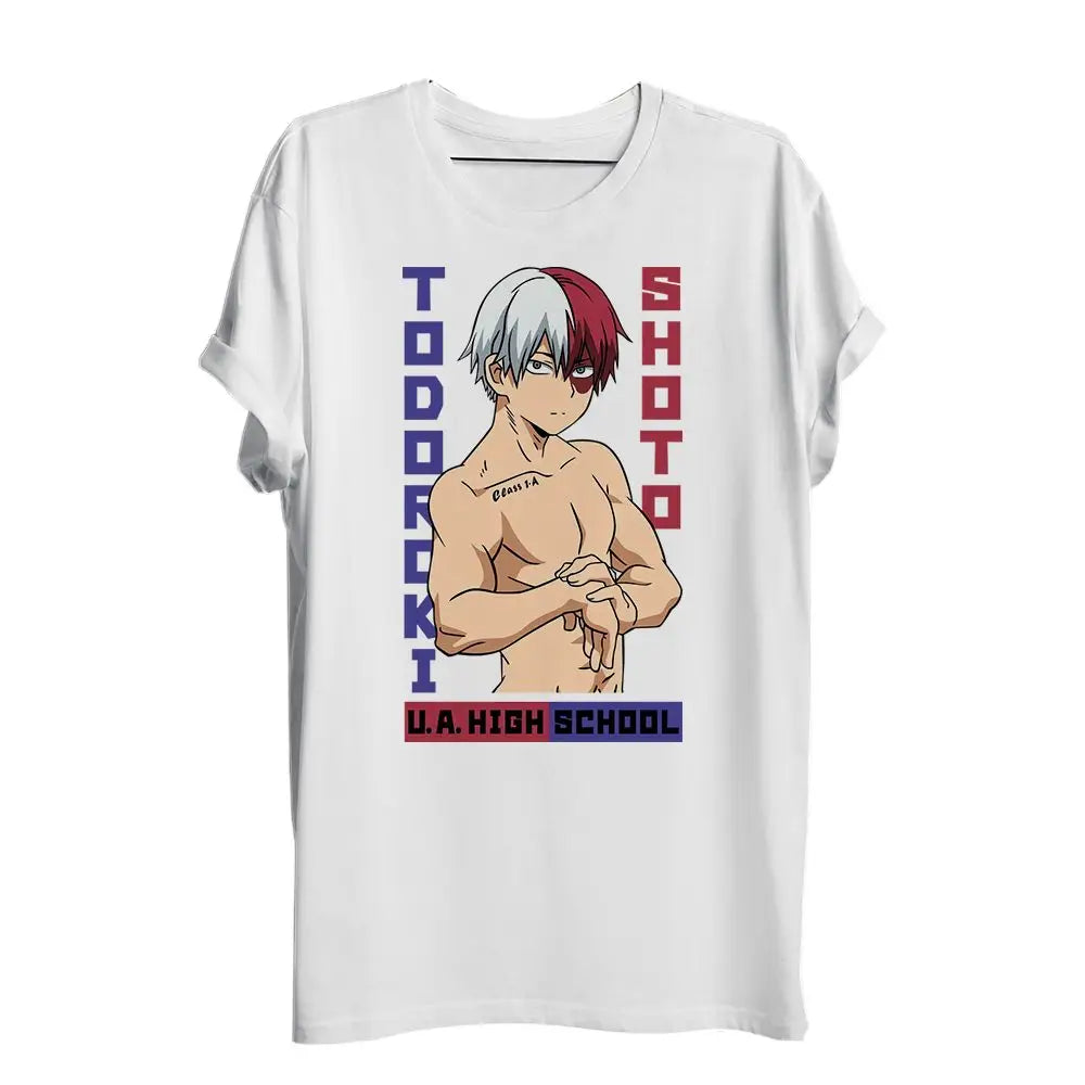 T-shirt shoto todoroki blanc à manches courtes avec graphisme anime my hero academia cheveux bicolores u.a