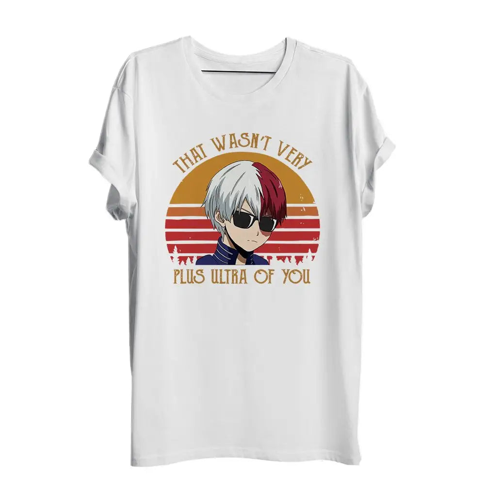 T-shirt shoto todoroki blanc manches courtes avec graphisme vintage de my hero academia style coucher de soleil