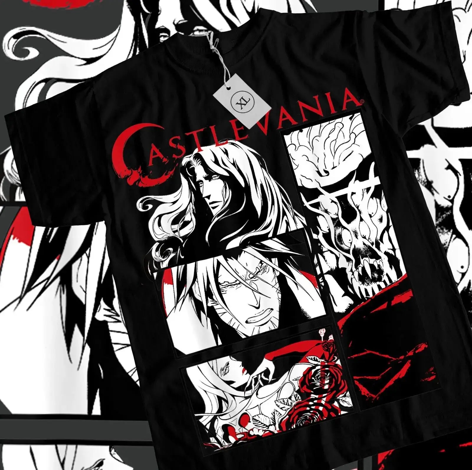 T-shirt castlevania symphony of the night noir avec design rouge et blanc animé pour fans de jeu vidéo rétro symphonie de la nuit