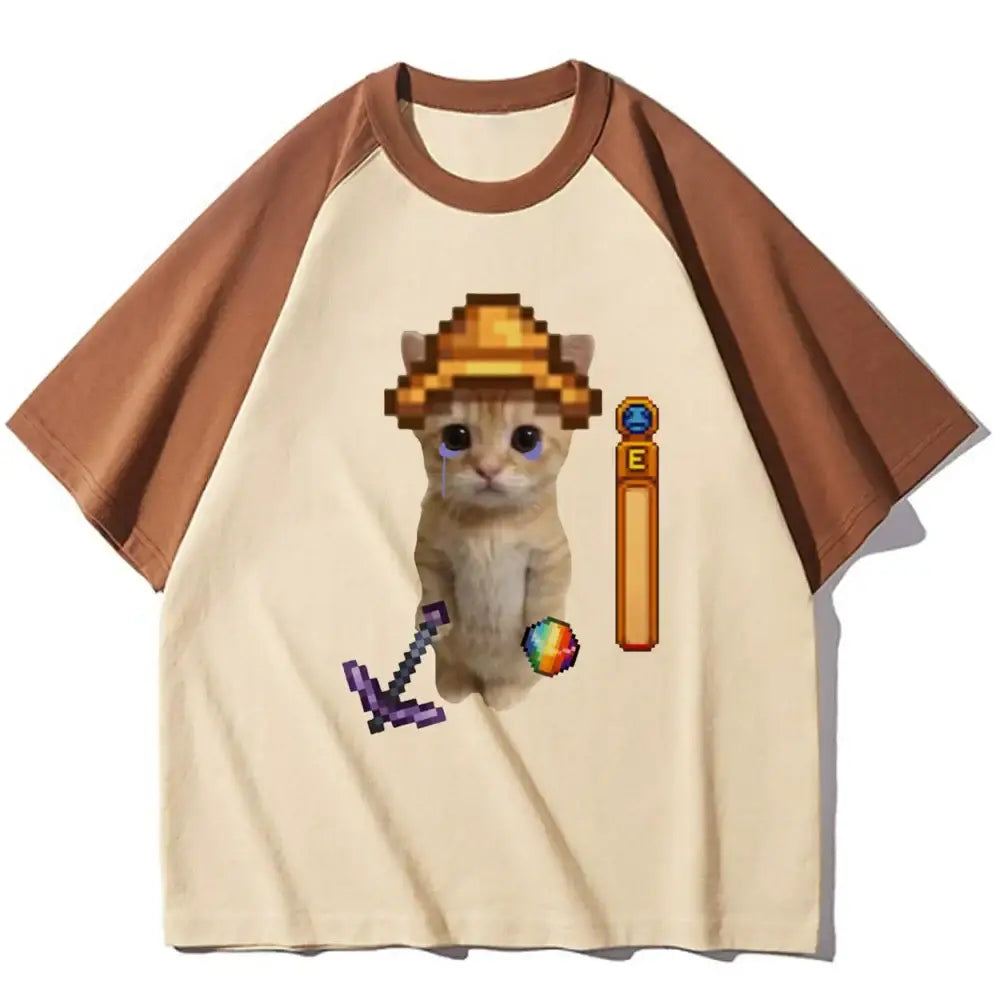 T-shirt minecraft unisexe crème à manches marron avec chat pixel art portant un chapeau jaune et objets jeux vidéo