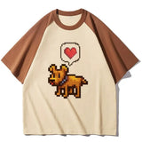 T-shirt chien cœur style rétro cream avec manches marron et design pixel art chien doré cœur rouge gaming rétro