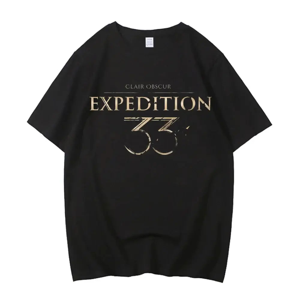 T-shirt clair obscur expedition 33 noir avec impression dorée en coton premium manches courtes