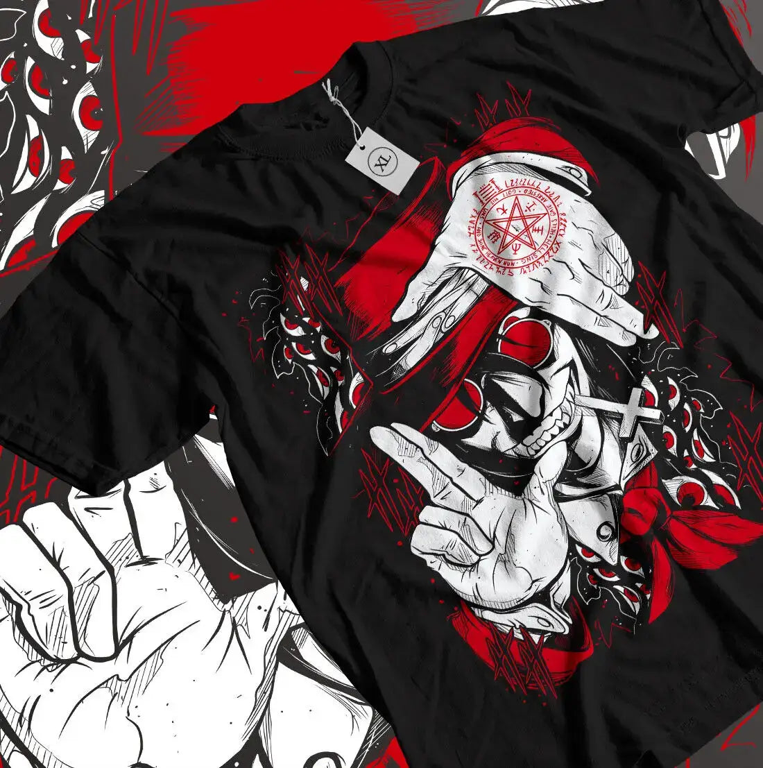 T-shirt coton alucard hellsing ultime noir avec design saisissant mains stylisées blanc et rouge encre
