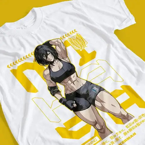 T-shirt coton doux blanc avec graphique jaune audacieux de mme ackerman de titans anime attaque
