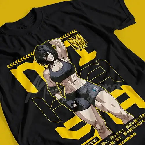 T-shirt coton doux noir avec graphique jaune de titans mme ackerman en tenue de combat pour t-shirt anime attaque