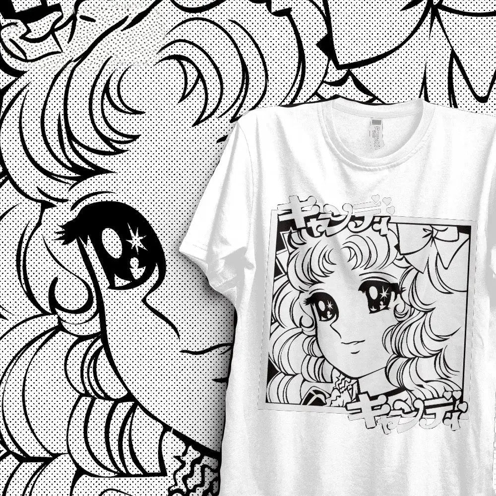 T-shirt coton anime candy blanc avec illustration délicate de usagi tsukino sailor moon et texte japonais design nostalgique