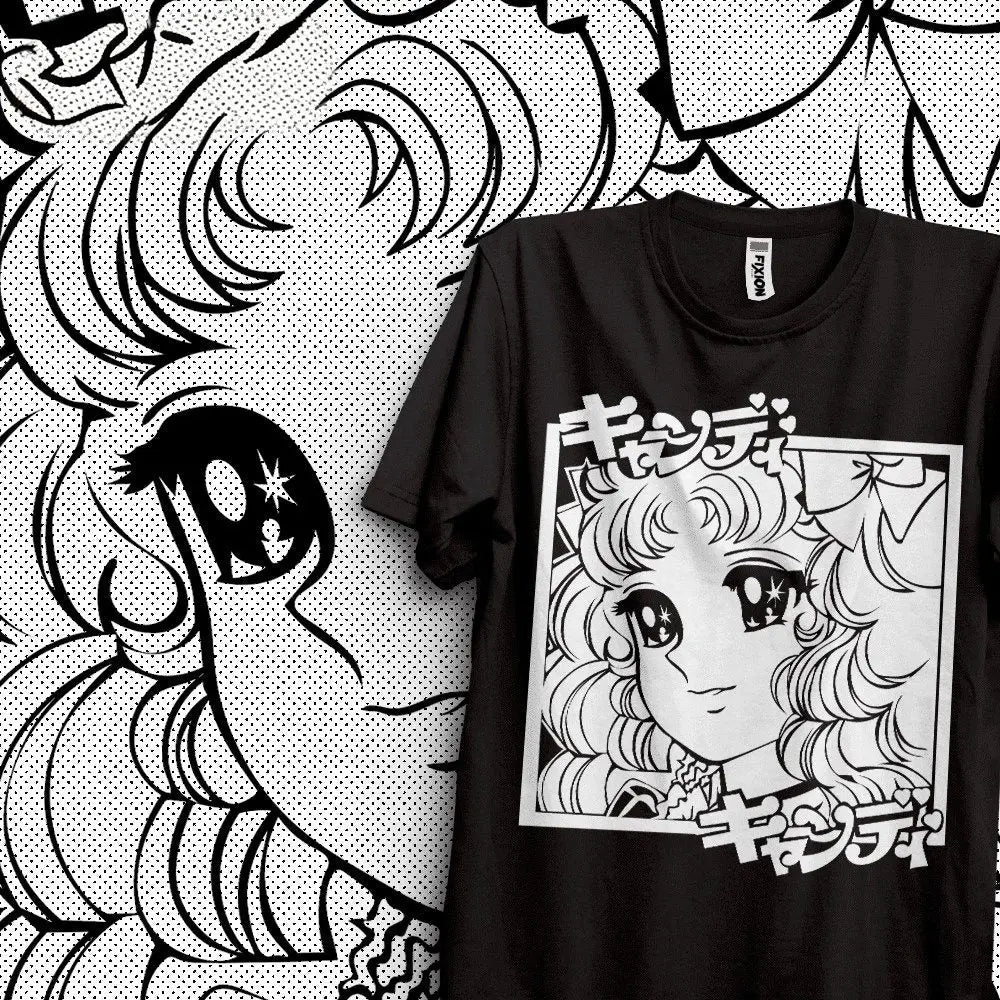 T-shirt coton anime candy noir avec illustration délicate de sailor moon et son nom en katakana design nostalgique