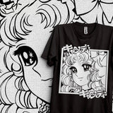 T-shirt coton anime candy noir avec illustration délicate de sailor moon et son nom en katakana design nostalgique