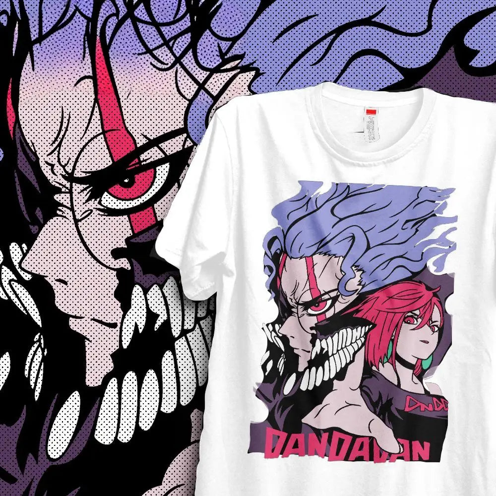 T-shirt coton anime dandadan blanc avec design unique inspiré manga phénomène deux personnages anime colorés