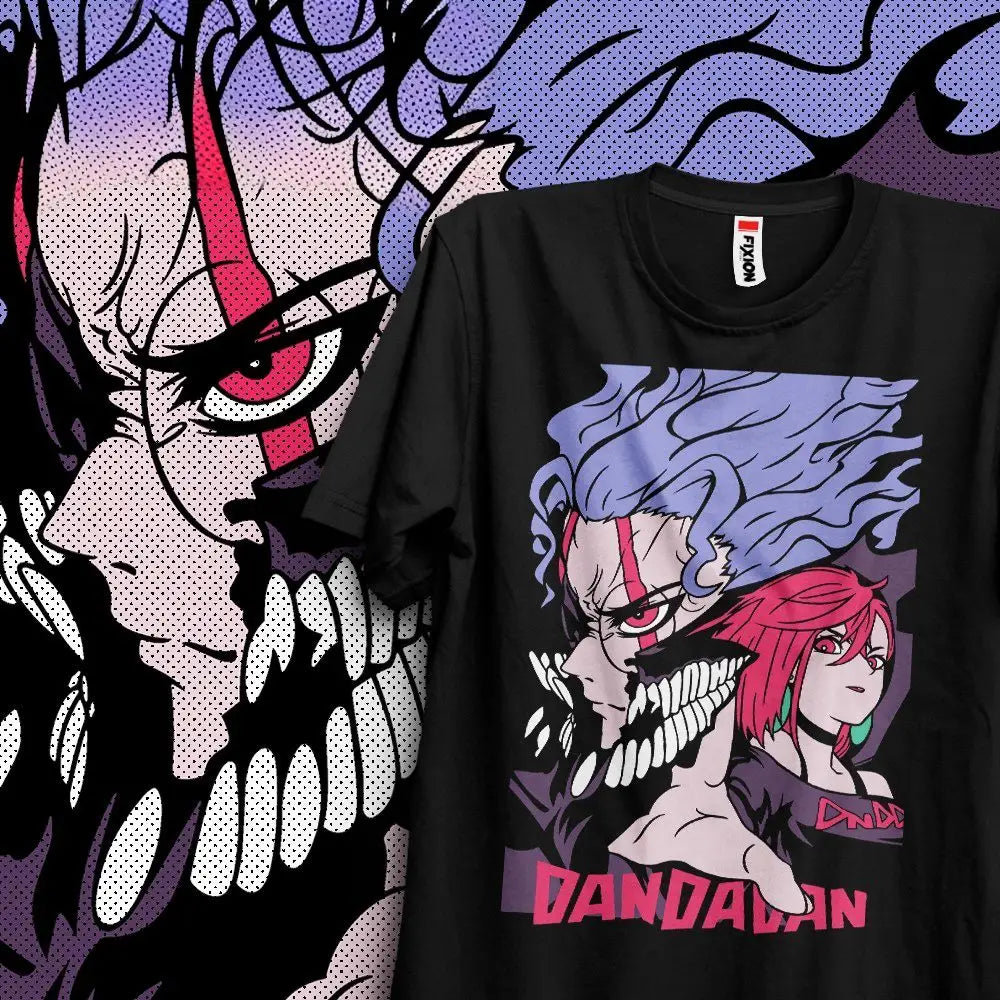 T-shirt coton anime dandadan noir avec design unique inspiré manga phénomène de deux personnages aux cheveux bleu et rose