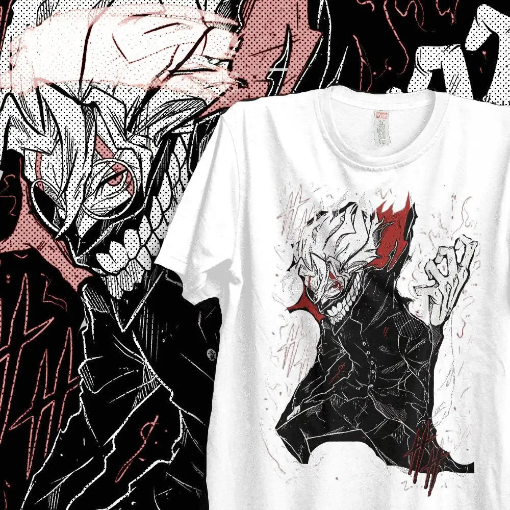 T-shirt coton doux blanc avec un graphique noir et rouge audacieux d anime dandadan okarun
