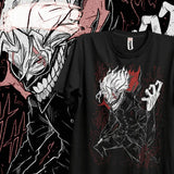T-shirt coton anime dandadan okarun noir avec personnage animé détaillé aux accents blancs et rouges et flammes stylisées