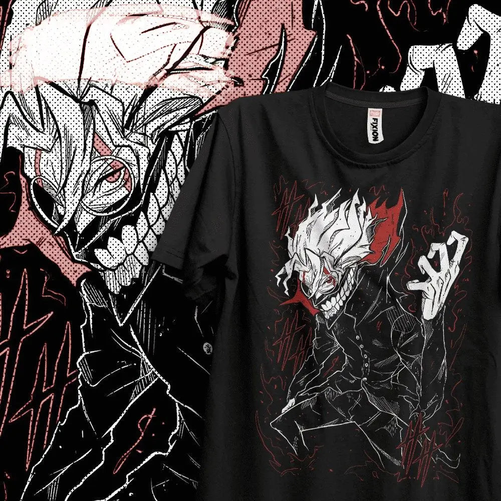 T-shirt coton anime dandadan okarun noir avec personnage animé détaillé aux accents blancs et rouges et flammes stylisées