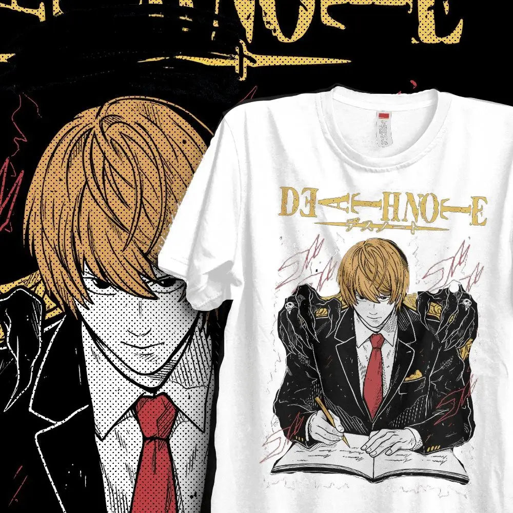 T-shirt coton anime death note kira blanc avec imprimé light yagami en costume noir et lettres dorées stylisées