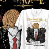 T-shirt coton anime death note kira blanc avec imprimé light yagami en costume noir et lettres dorées stylisées
