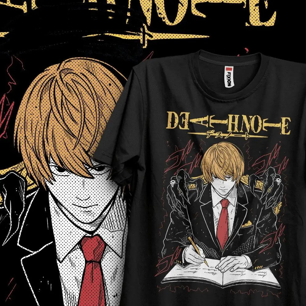 T-shirt coton anime death note kira noir avec graphique light yagami en or, rouge et contour noir