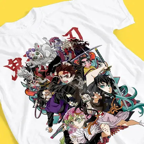 T-shirt coton anime demon slayer blanc avec graphique vibrant des héros emblématiques en poses dynamiques
