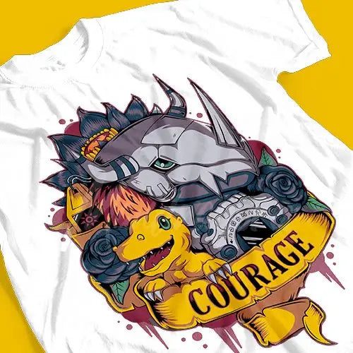 T-shirt coton anime digimon blanc avec design emblématique d agumon et metalgreymon entourés de roses et bannière courage