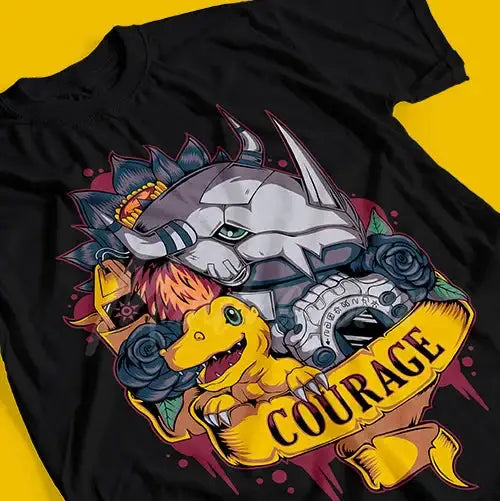 T-shirt coton anime digimon noir avec design emblématique de créature blindée grise et dinosaure jaune courage