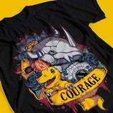 T-shirt coton anime digimon noir avec design emblématique de créature blindée grise et dinosaure jaune courage