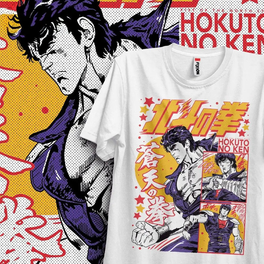 T-shirt coton anime hokuto no ken blanc avec un graphisme rétro coloré du personnage dhokuto no ken