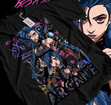 T-shirt coton anime noir avec graphic vibrant de jinx arcane en lettres graffiti roses et violettes coton doux