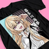 T-shirt coton anime noir avec illustration vibrante de marin kitagawa de dress-up darling en blouse blanche et cravate noire