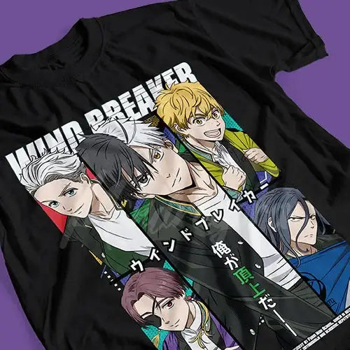 T-shirt coton doux noir avec graphique diagonal vif d anime wind breaker et texte blanc pour look urbain