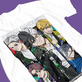 T-shirt coton doux blanc avec impression graphique diagonale de cinq personnages anime wind breaker et texte vert noir bold pour un look urbain