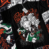 T-shirt coton bakugou izuku noir avec design percutant bakugo hair blanc armure verte et texte boom orange
