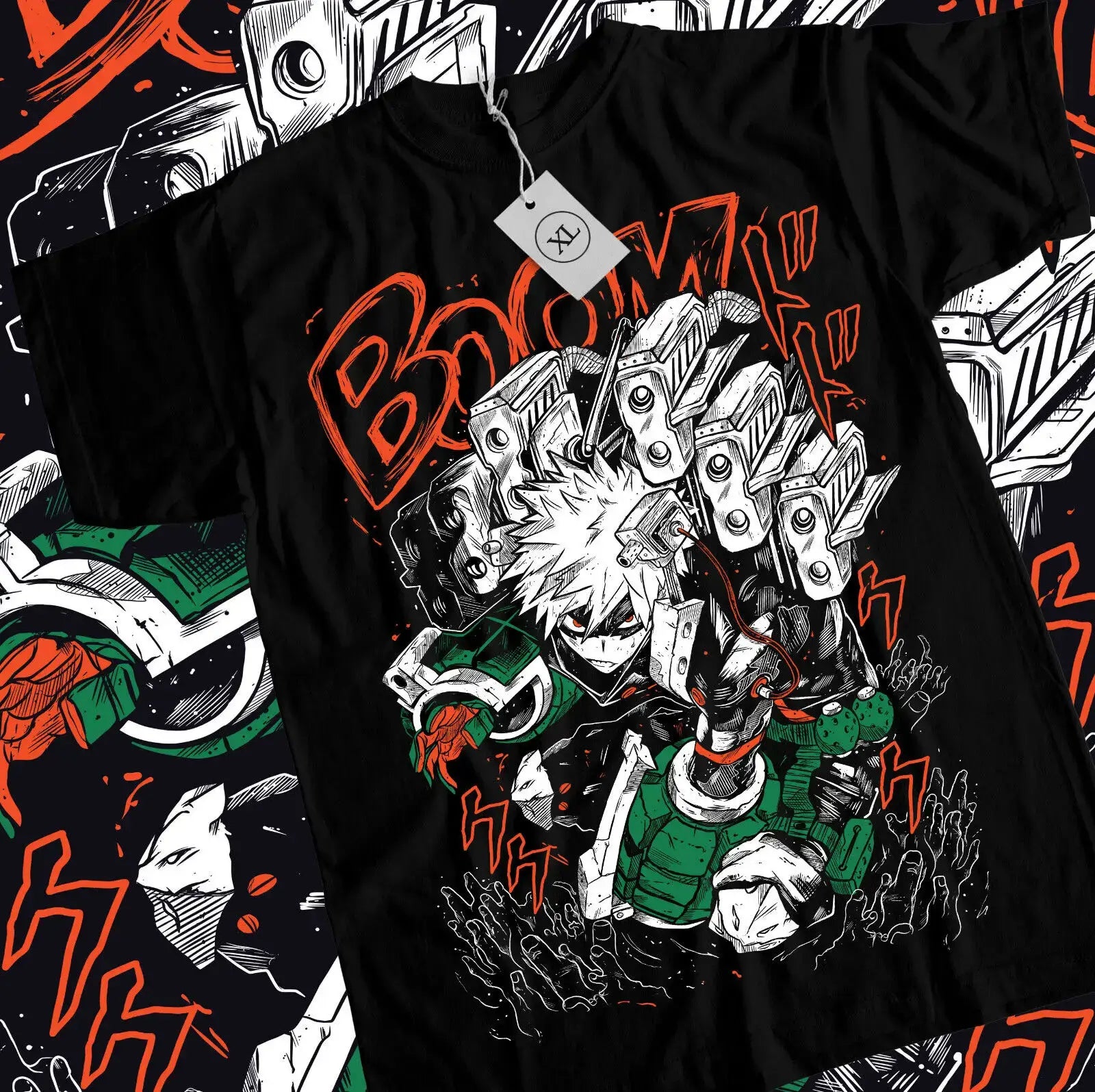 T-shirt coton bakugou izuku noir avec design percutant bakugo hair blanc armure verte et texte boom orange