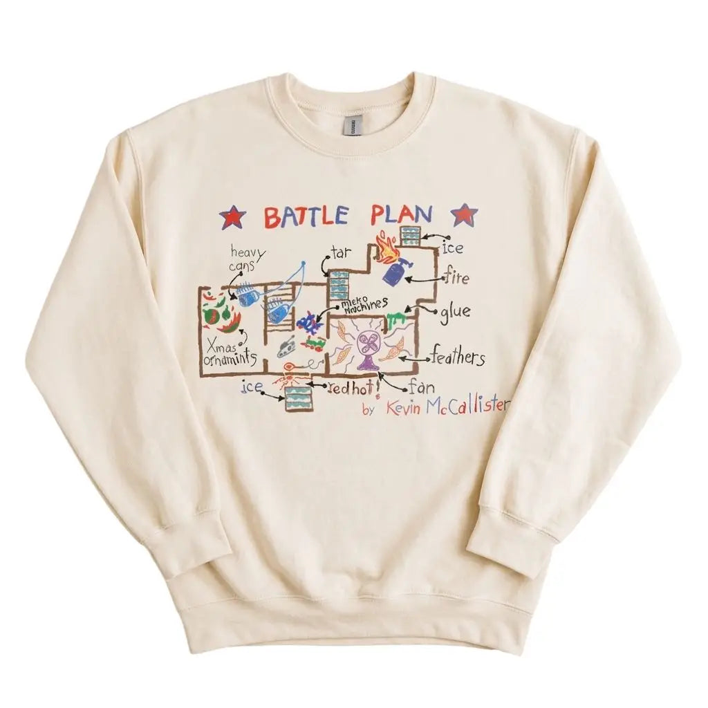 Sweatshirt unisexe crème en coton avec manches longues et graphique battle plan coloré dessiné à la main