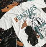 T-shirt coton beastars legoshi blanc avec impression graphique de personnages streetwear anime et loup gris emblématique