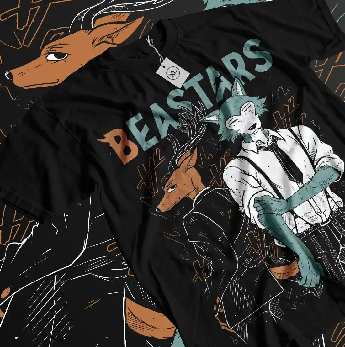 T-shirt coton beastars legoshi noir avec illustration détaillée de loup gris emblématique et lettrage teal orange streetwear anime